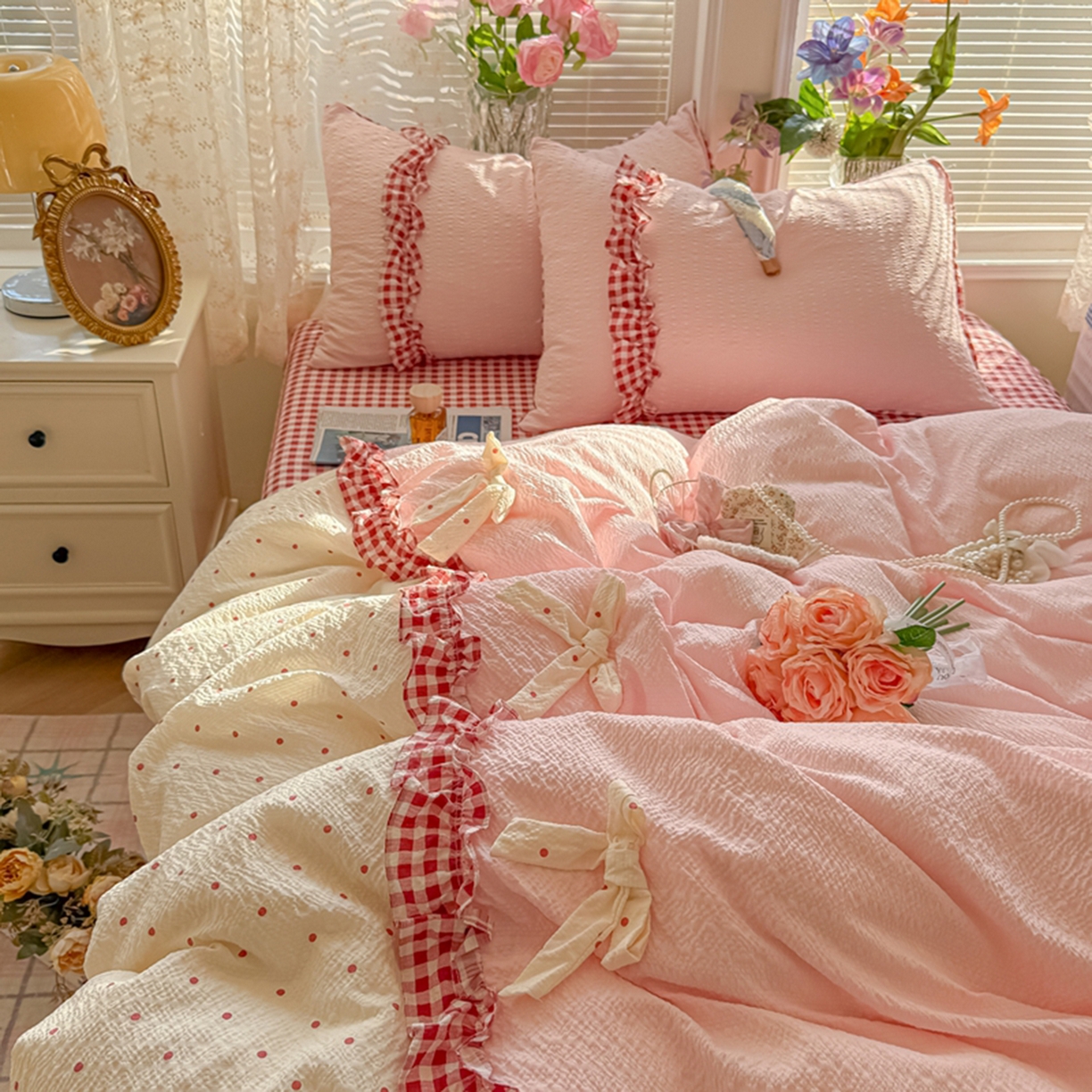 91家纺网 家纺一手货源 找家纺 子钦家纺 2026春夏新款提花泡芙棉甜系格子软乎乎的治愈床品花边蝴蝶结床单床笠四件套-邹邹奶芙（场景二） 邹邹奶芙-奶红波点