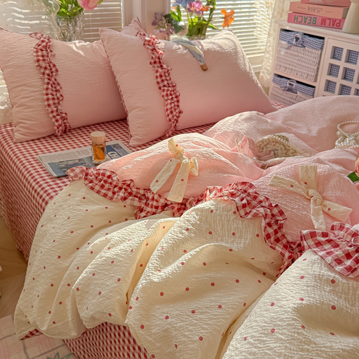 91家纺网 家纺一手货源 找家纺 子钦家纺 2026春夏新款提花泡芙棉甜系格子软乎乎的治愈床品花边蝴蝶结床单床笠四件套-邹邹奶芙（场景二） 邹邹奶芙-奶红波点