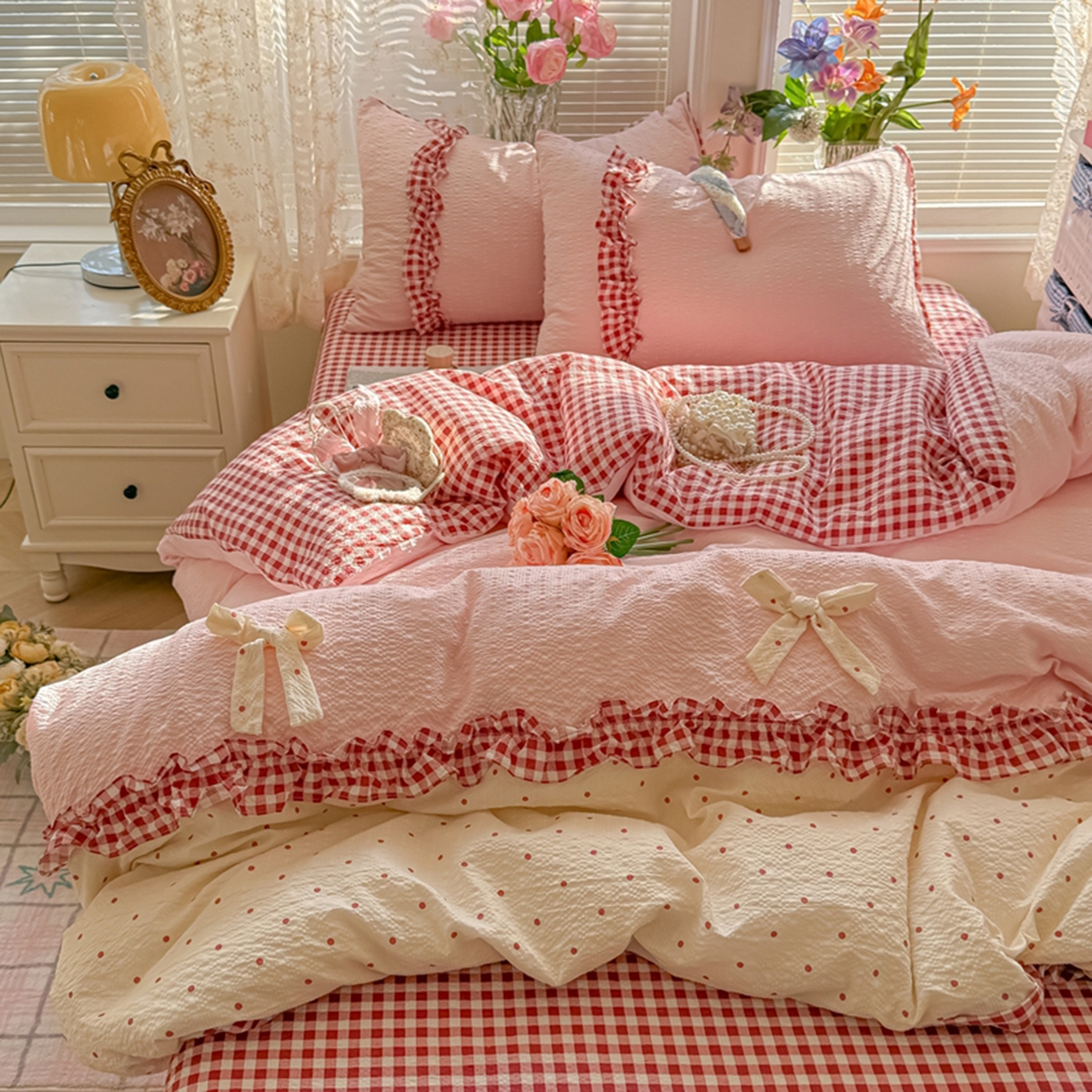 91家纺网 家纺一手货源 找家纺 子钦家纺 2026春夏新款提花泡芙棉甜系格子软乎乎的治愈床品花边蝴蝶结床单床笠四件套-邹邹奶芙（场景二） 邹邹奶芙-奶红波点