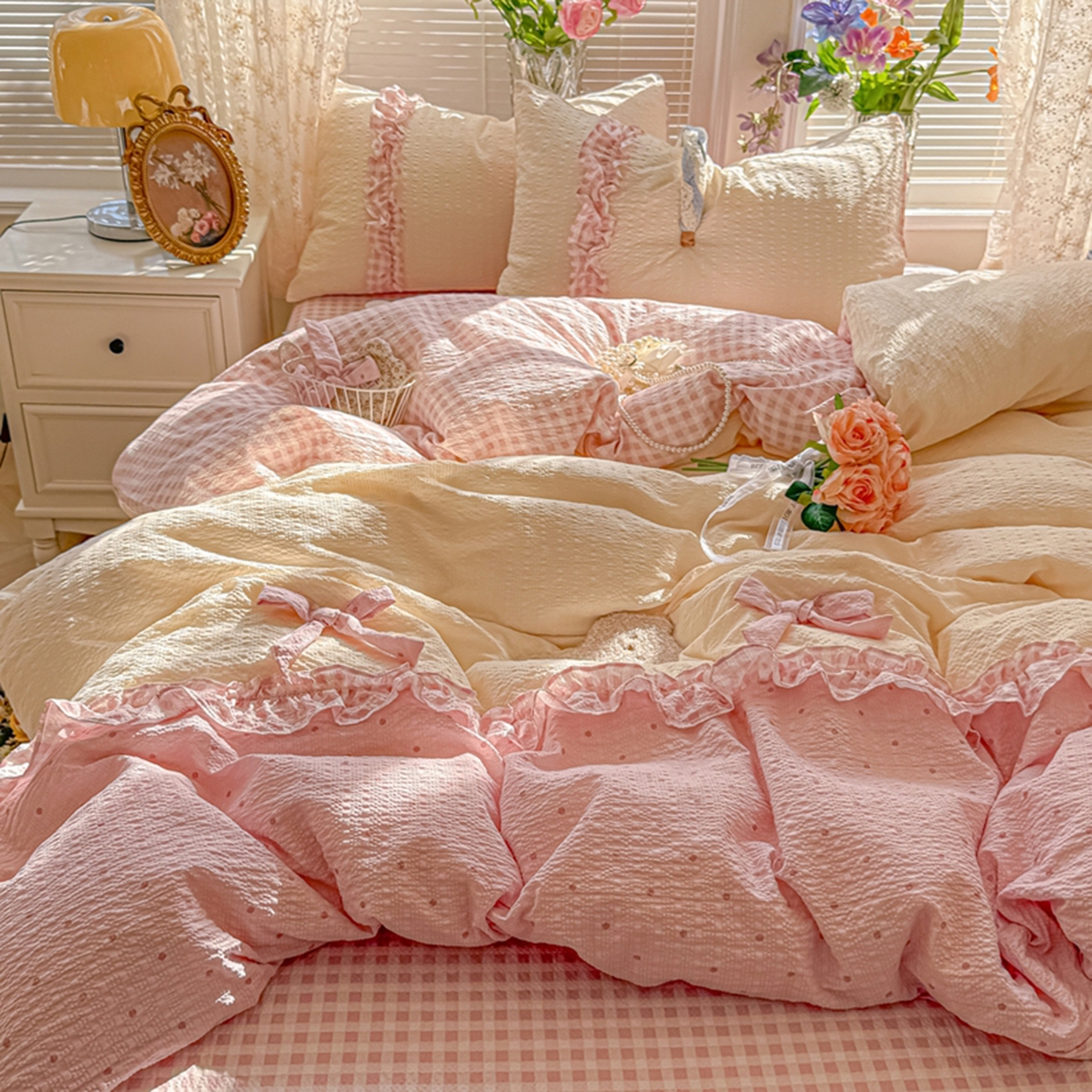 91家纺网 家纺一手货源 找家纺 子钦家纺 2026春夏新款提花泡芙棉甜系格子软乎乎的治愈床品花边蝴蝶结床单床笠四件套-邹邹奶芙（场景二） 邹邹奶芙-奶粉波点