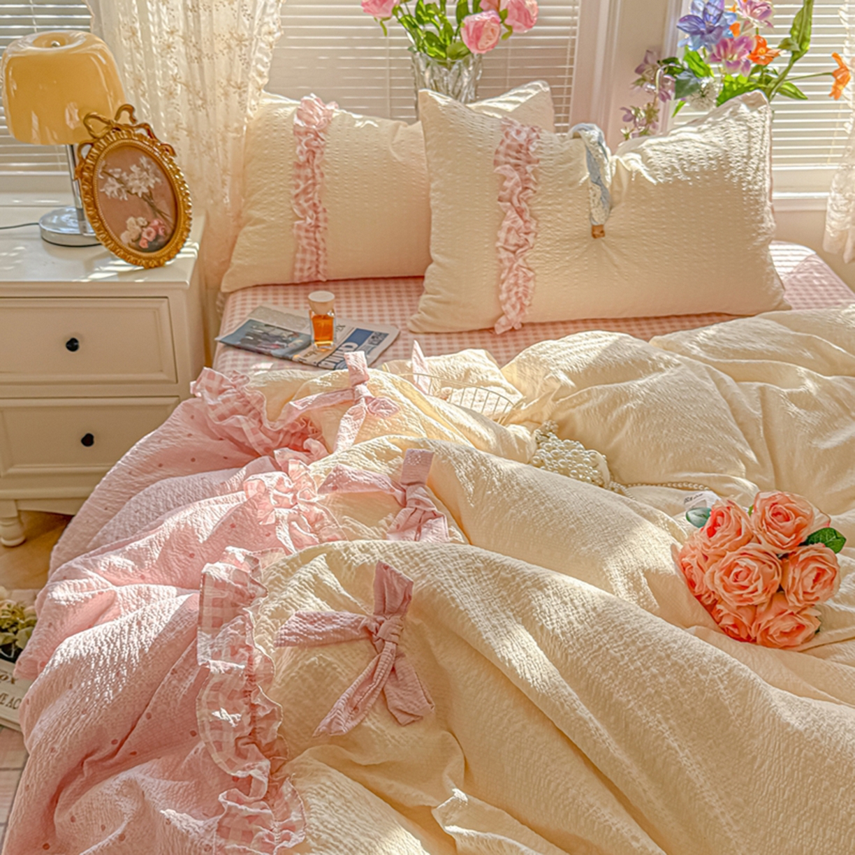 91家纺网 家纺一手货源 找家纺 子钦家纺 2026春夏新款提花泡芙棉甜系格子软乎乎的治愈床品花边蝴蝶结床单床笠四件套-邹邹奶芙（场景二） 邹邹奶芙-奶粉波点