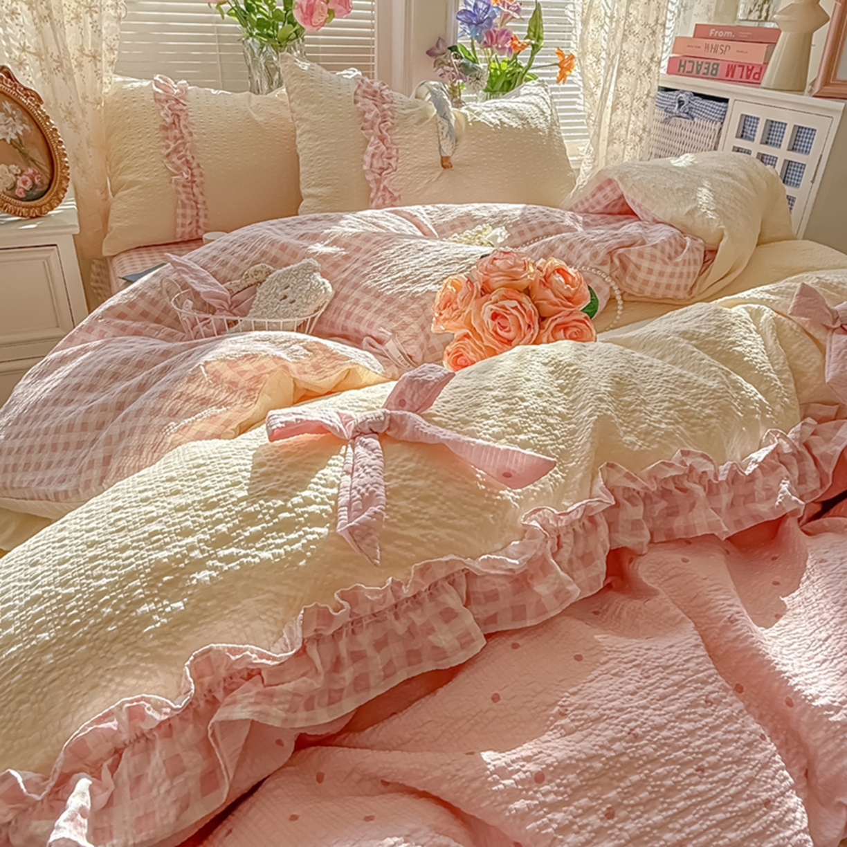 91家纺网 家纺一手货源 找家纺 子钦家纺 2026春夏新款提花泡芙棉甜系格子软乎乎的治愈床品花边蝴蝶结床单床笠四件套-邹邹奶芙（场景二） 邹邹奶芙-奶粉波点