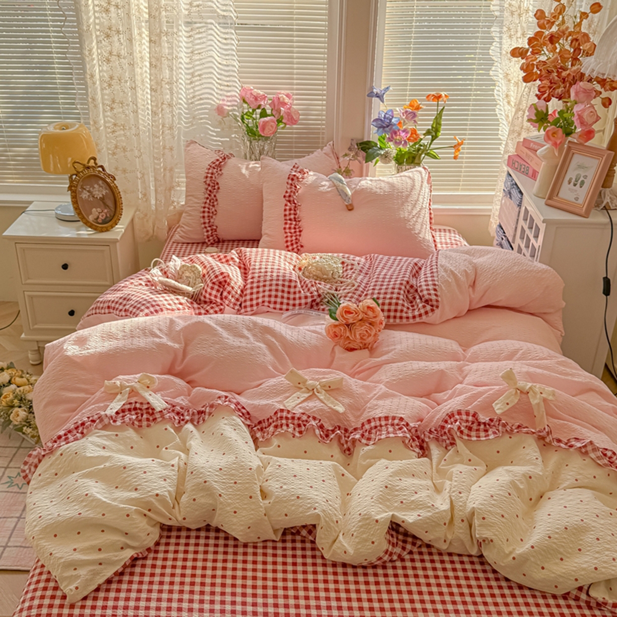 91家纺网 家纺一手货源 找家纺 子钦家纺 2026春夏新款提花泡芙棉甜系格子软乎乎的治愈床品花边蝴蝶结床单床笠四件套-邹邹奶芙（场景二） 邹邹奶芙-奶红波点