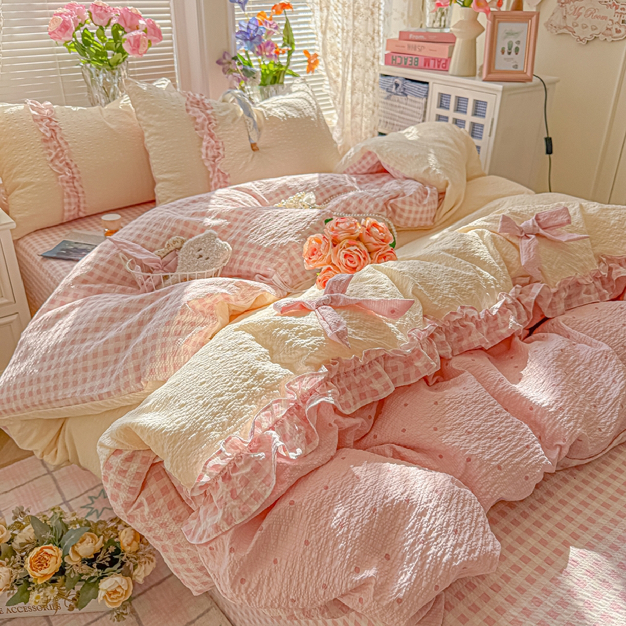 91家纺网 家纺一手货源 找家纺 子钦家纺 2026春夏新款提花泡芙棉甜系格子软乎乎的治愈床品花边蝴蝶结床单床笠四件套-邹邹奶芙（场景二） 邹邹奶芙-奶粉波点