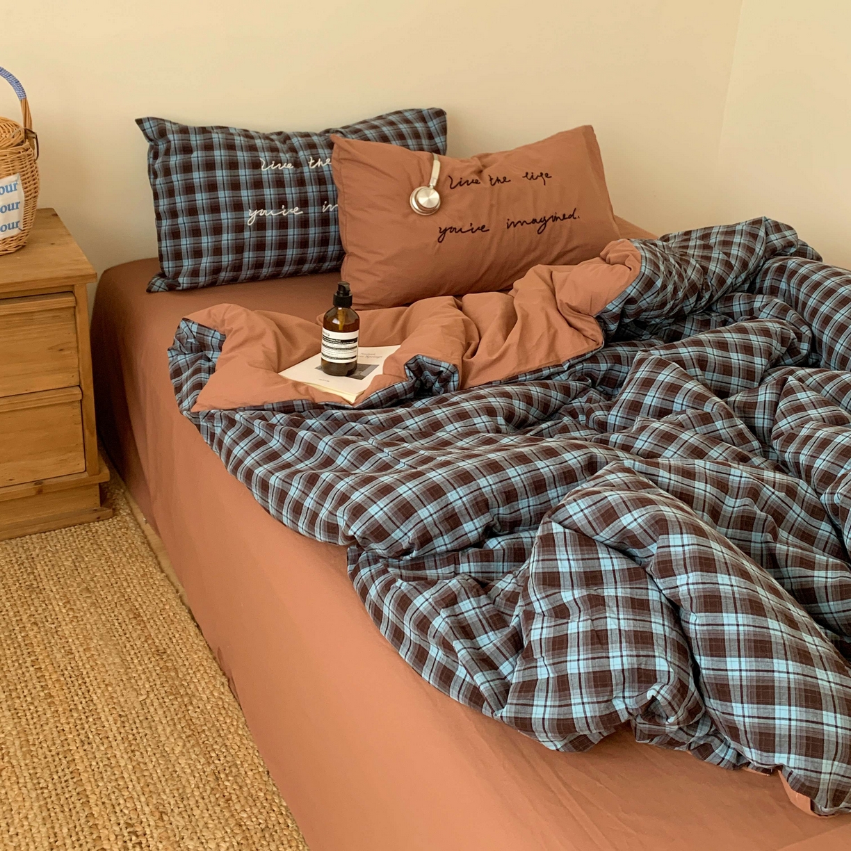 91家纺网 家纺一手货源 找家纺 桃喜 2026春夏全棉新品色织水洗棉条纹博主ins风四件套学生三件套（会员-5） 蓝调可可