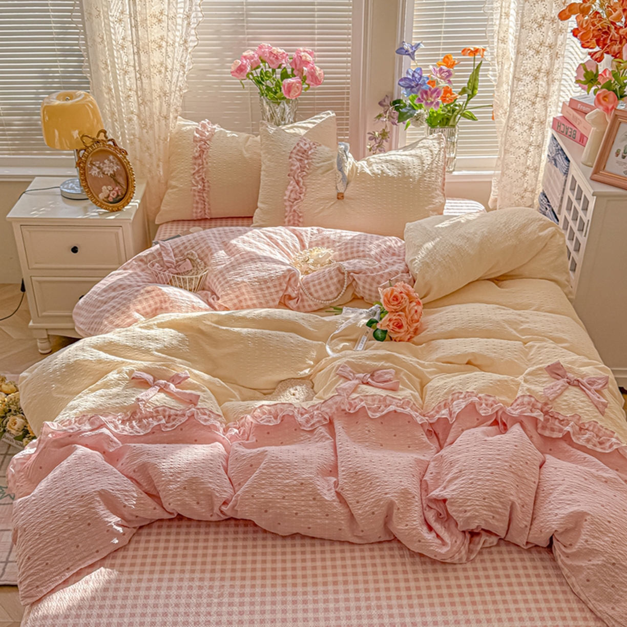 91家纺网 家纺一手货源 找家纺 子钦家纺 2026春夏新款提花泡芙棉甜系格子软乎乎的治愈床品花边蝴蝶结床单床笠四件套-邹邹奶芙（场景二） 邹邹奶芙-奶粉波点