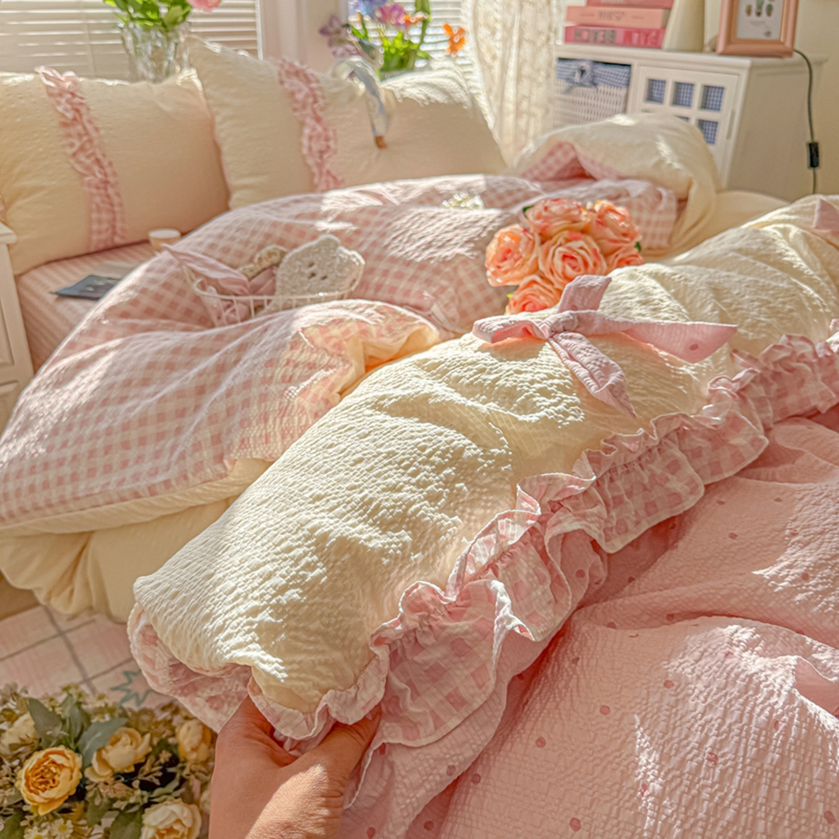 91家纺网 家纺一手货源 找家纺 子钦家纺 2026春夏新款提花泡芙棉甜系格子软乎乎的治愈床品花边蝴蝶结床单床笠四件套-邹邹奶芙（场景二） 邹邹奶芙-奶粉波点