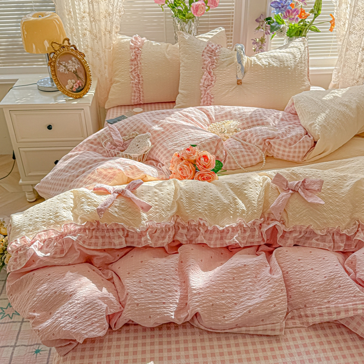91家纺网 家纺一手货源 找家纺 子钦家纺 2026春夏新款提花泡芙棉甜系格子软乎乎的治愈床品花边蝴蝶结床单床笠四件套-邹邹奶芙（场景二） 邹邹奶芙-奶粉波点