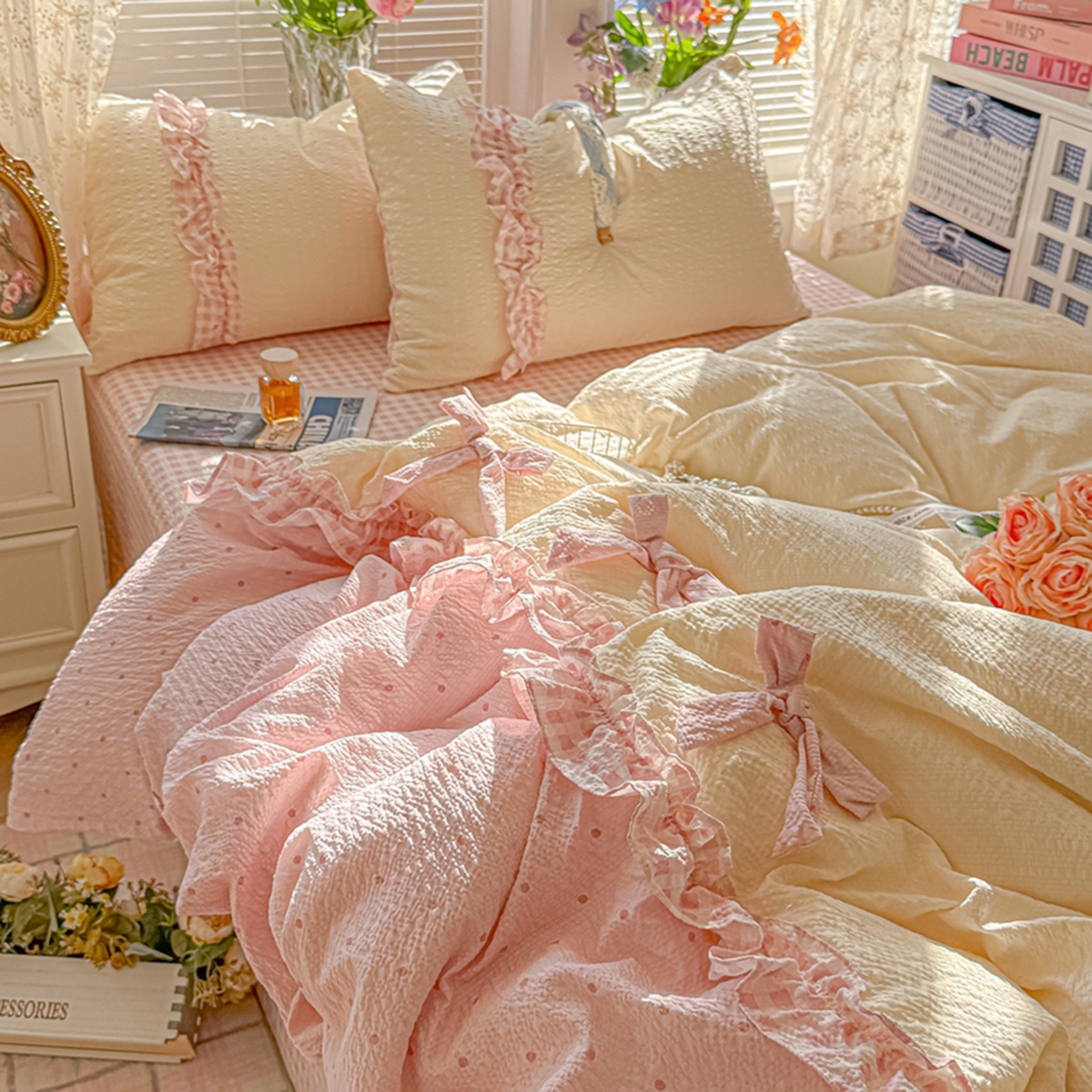 91家纺网 家纺一手货源 找家纺 子钦家纺 2026春夏新款提花泡芙棉甜系格子软乎乎的治愈床品花边蝴蝶结床单床笠四件套-邹邹奶芙（场景二） 邹邹奶芙-奶粉波点