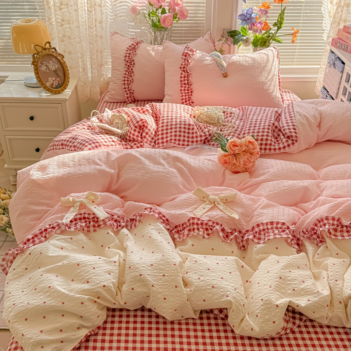 91家纺网 家纺一手货源 找家纺 子钦家纺 2026春夏新款提花泡芙棉甜系格子软乎乎的治愈床品花边蝴蝶结床单床笠四件套-邹邹奶芙（场景二） 邹邹奶芙-奶红波点