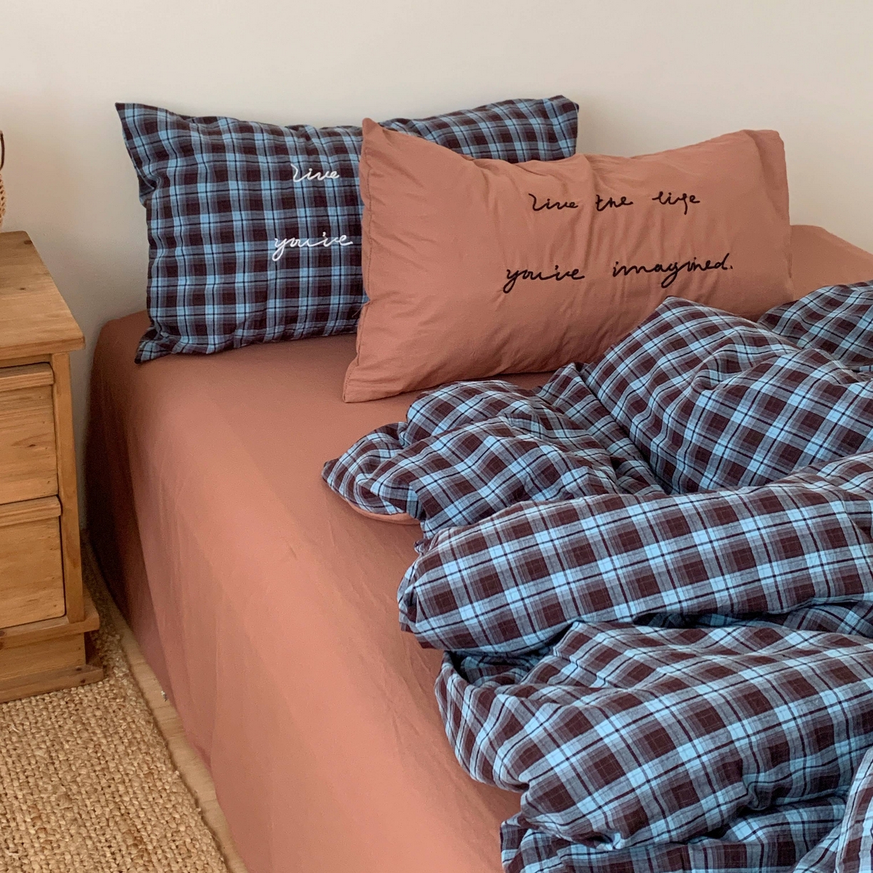 91家纺网 家纺一手货源 找家纺 桃喜 2026春夏全棉新品色织水洗棉条纹博主ins风四件套学生三件套（会员-5） 蓝调可可