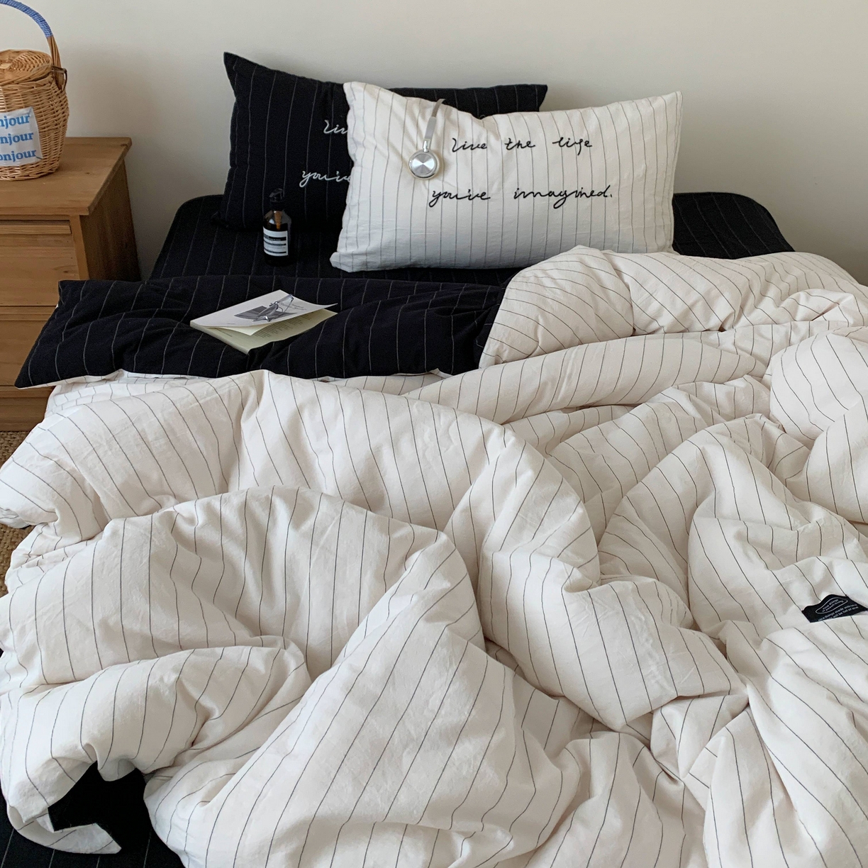 桃喜 2026春夏全棉新品色织水洗棉条纹博主ins风四件套学生三件套（会员-5） 夜的留白