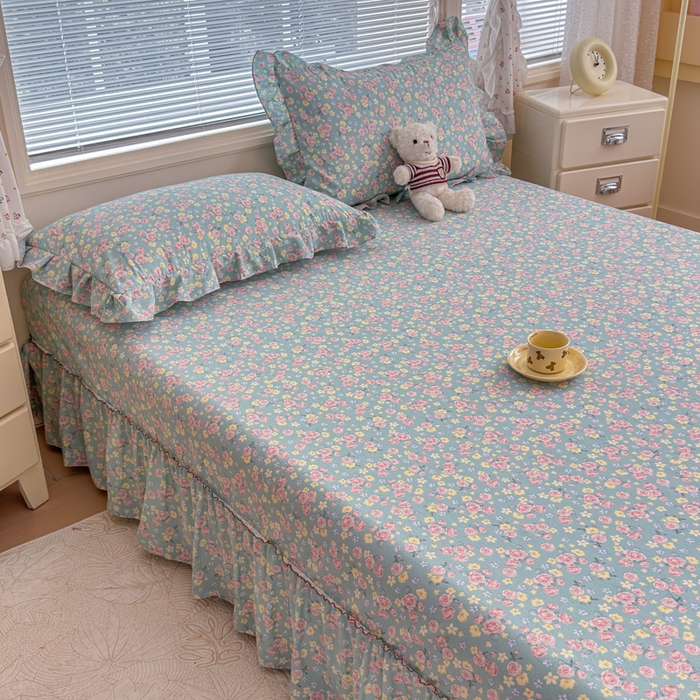 91家纺网 家纺一手货源 找家纺 爱多多家居 2026春夏新花边款水洗古棉单床裙 单床单 床裙-薄荷玫瑰