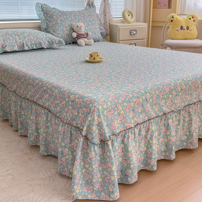 爱多多家居 2026春夏新花边款水洗古棉单床裙 单床单 床裙-薄荷玫瑰