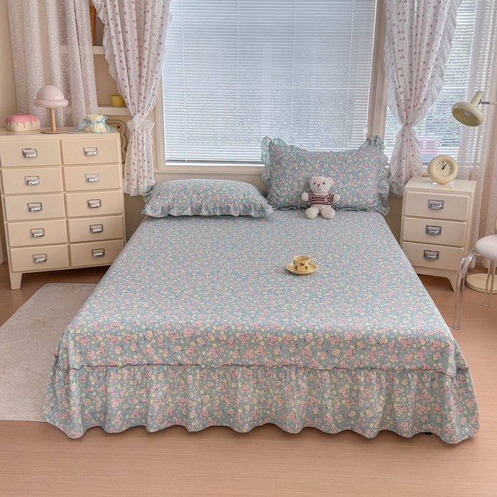 91家纺网 家纺一手货源 找家纺 爱多多家居 2026春夏新花边款水洗古棉单床裙 单床单 床裙-薄荷玫瑰