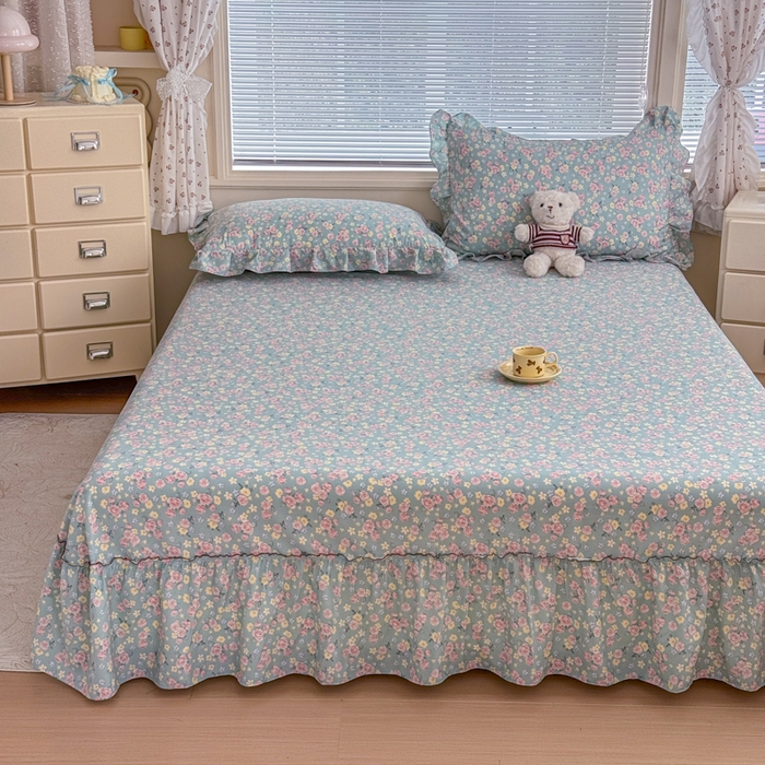 91家纺网 家纺一手货源 找家纺 爱多多家居 2026春夏新花边款水洗古棉单床裙 单床单 床裙-薄荷玫瑰