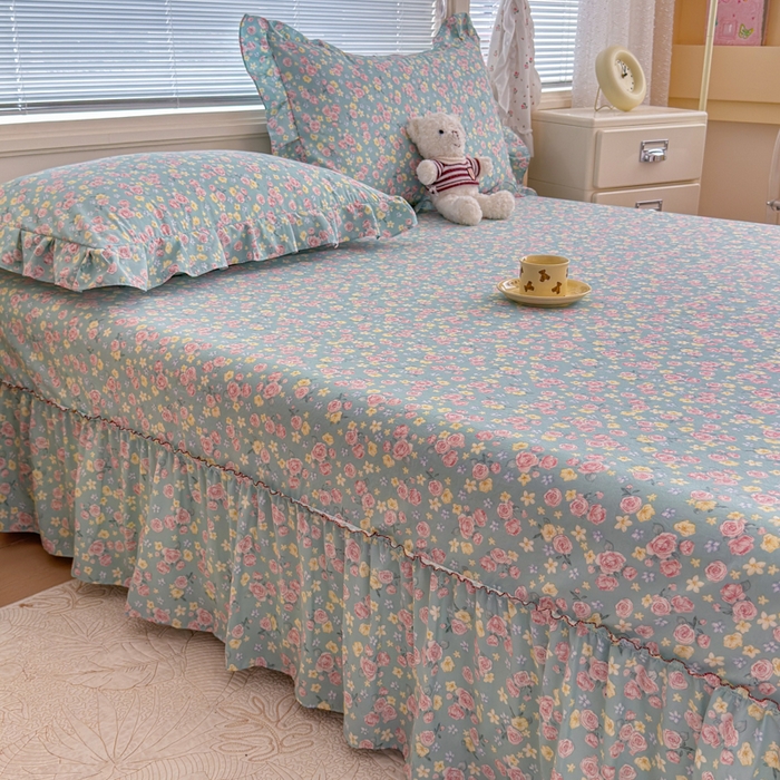 91家纺网 家纺一手货源 找家纺 爱多多家居 2026春夏新花边款水洗古棉单床裙 单床单 床裙-薄荷玫瑰