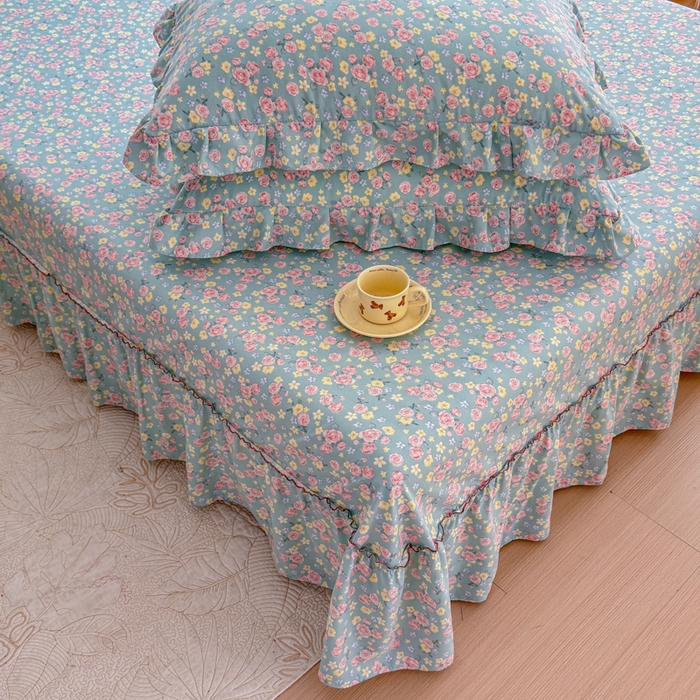 91家纺网 家纺一手货源 找家纺 爱多多家居 2026春夏新花边款水洗古棉单床裙 单床单 床裙-薄荷玫瑰