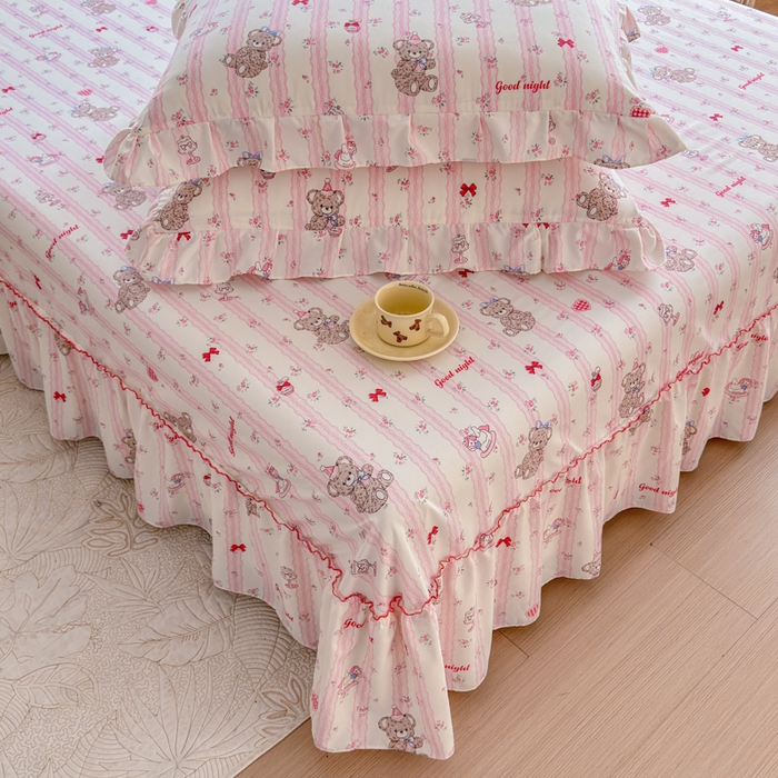 91家纺网 家纺一手货源 找家纺 爱多多家居 2026春夏新花边款水洗古棉单床裙 单床单 床裙-晚安熊