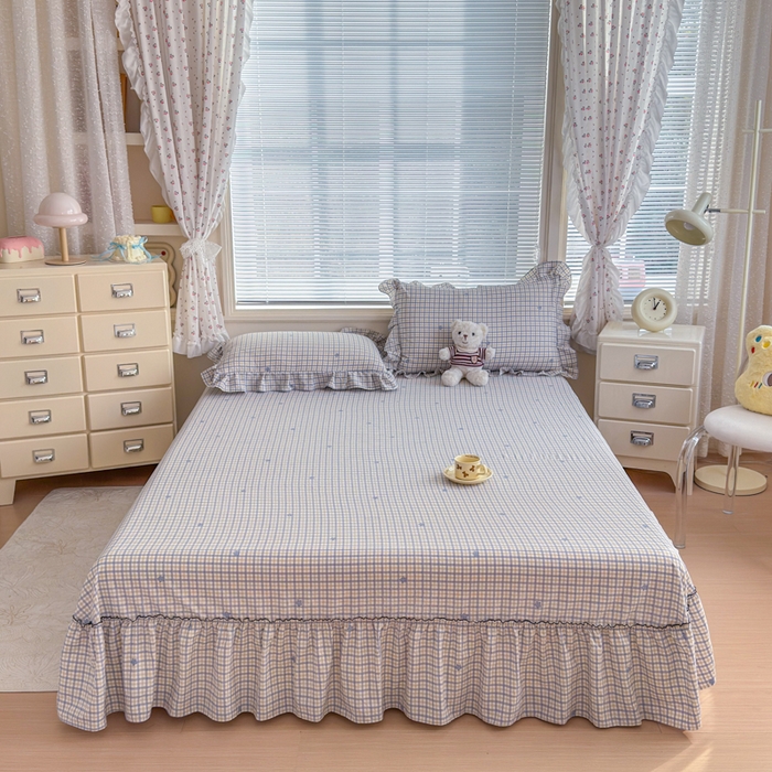 91家纺网 家纺一手货源 找家纺 爱多多家居 2026春夏新花边款水洗古棉单床裙 单床单 床裙-星野格子