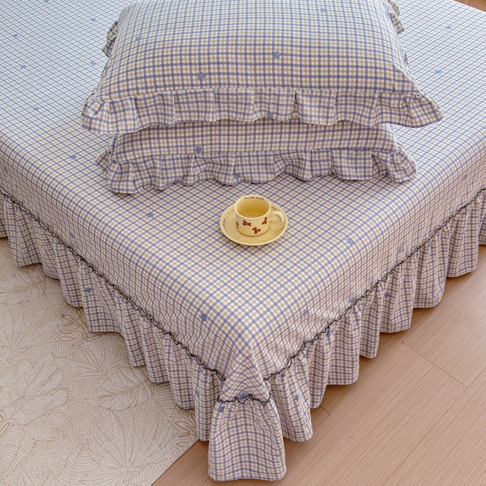 91家纺网 家纺一手货源 找家纺 爱多多家居 2026春夏新花边款水洗古棉单床裙 单床单 床裙-星野格子