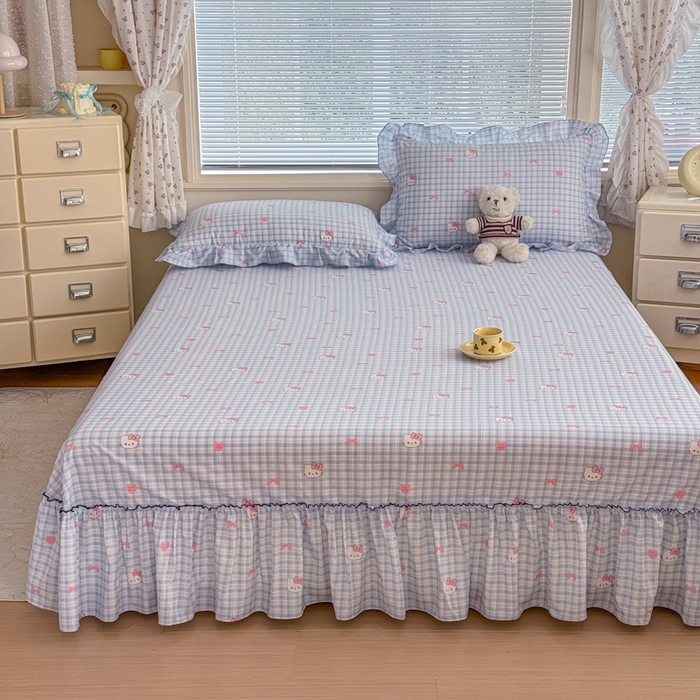 91家纺网 家纺一手货源 找家纺 爱多多家居 2026春夏新花边款水洗古棉单床裙 单床单 床裙-云格粉结