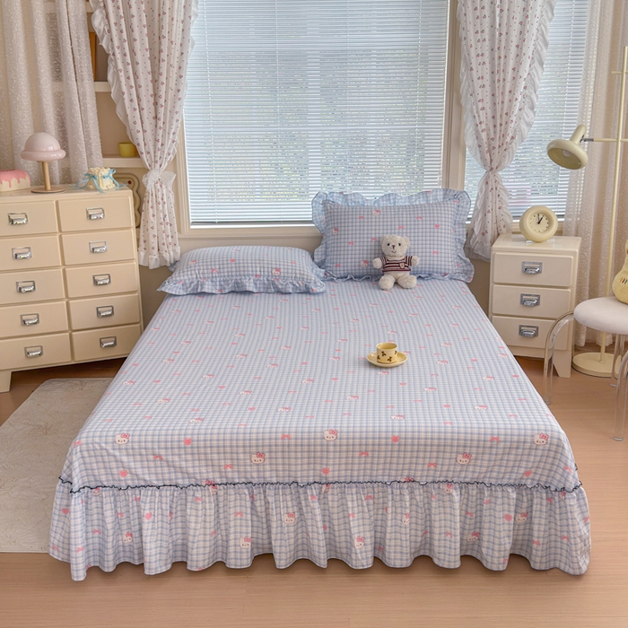 91家纺网 家纺一手货源 找家纺 爱多多家居 2026春夏新花边款水洗古棉单床裙 单床单 床裙-云格粉结