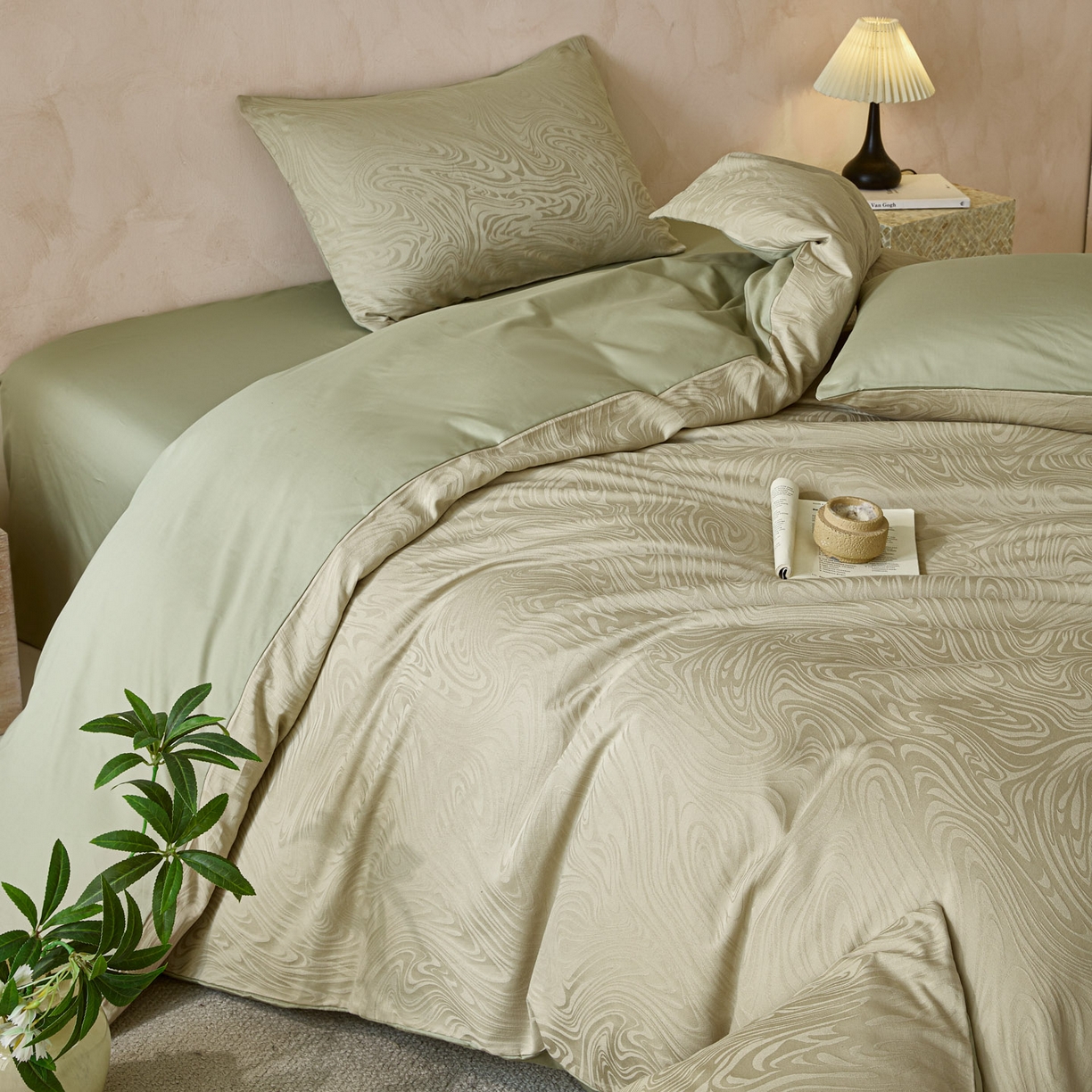 91家纺网 家纺一手货源 找家纺 雯雨家纺 2026新款全棉60s全棉提花四件套 翠川流纹