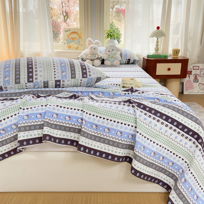 91家纺网 家纺一手货源 找家纺 赛琳 2026新款泡芙纱床单系列单床单床单单件（有买家秀） 猫咪集蓝