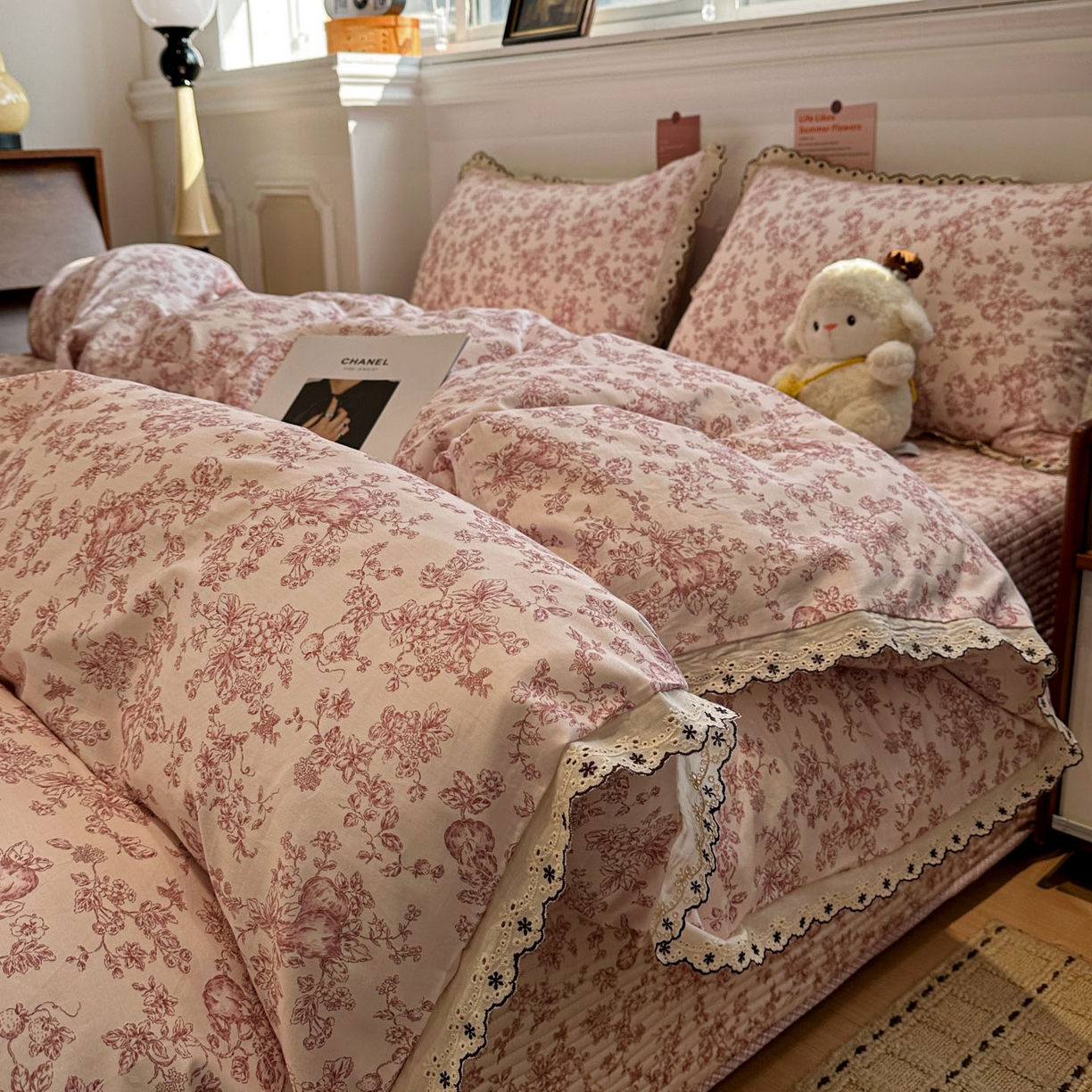 橙子家居 2026新款纯棉法式复古蕾丝花边床盖四件套 复古蔷薇粉