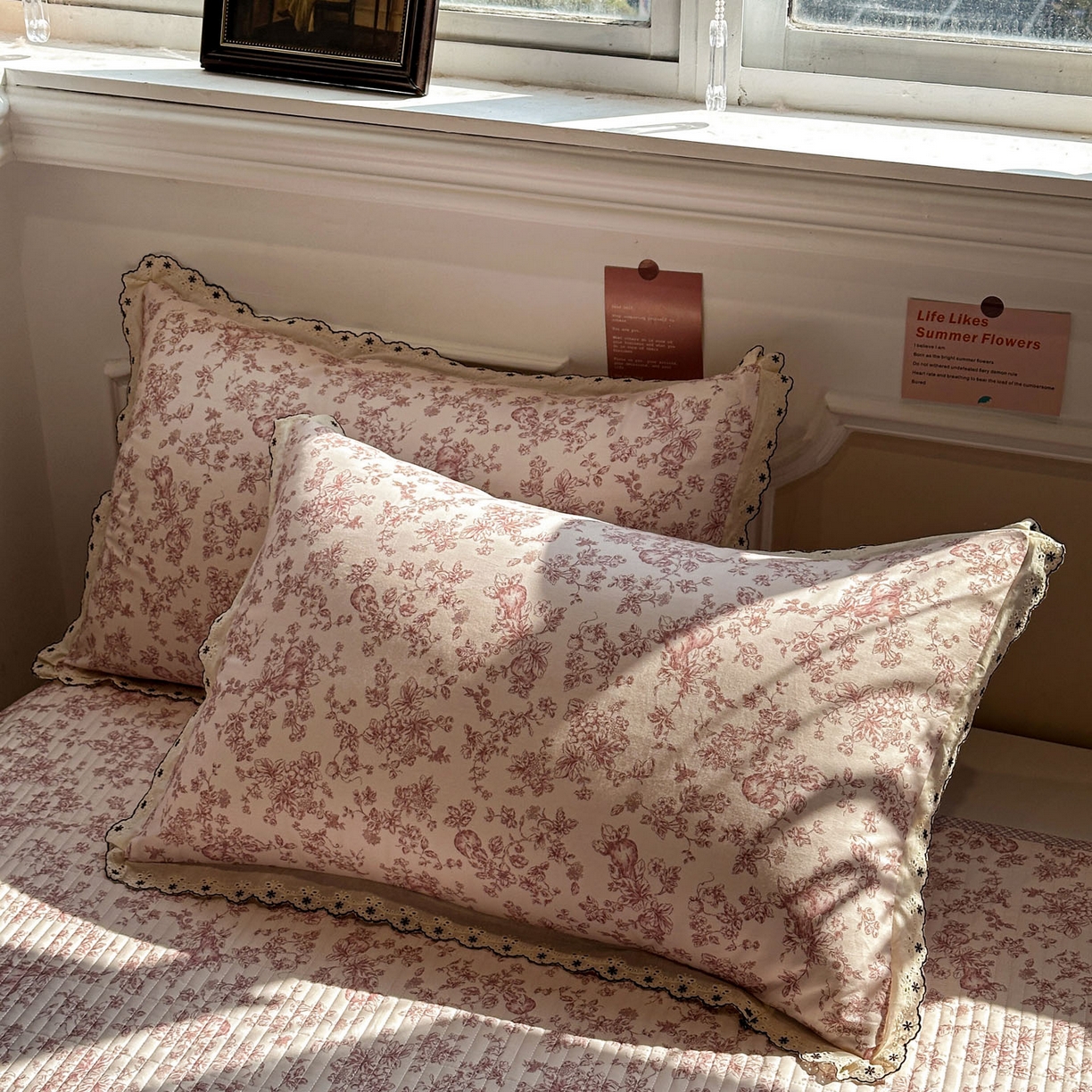 91家纺网 家纺一手货源 找家纺 橙子家居 2026新款纯棉法式复古蕾丝花边床盖四件套 复古蔷薇粉