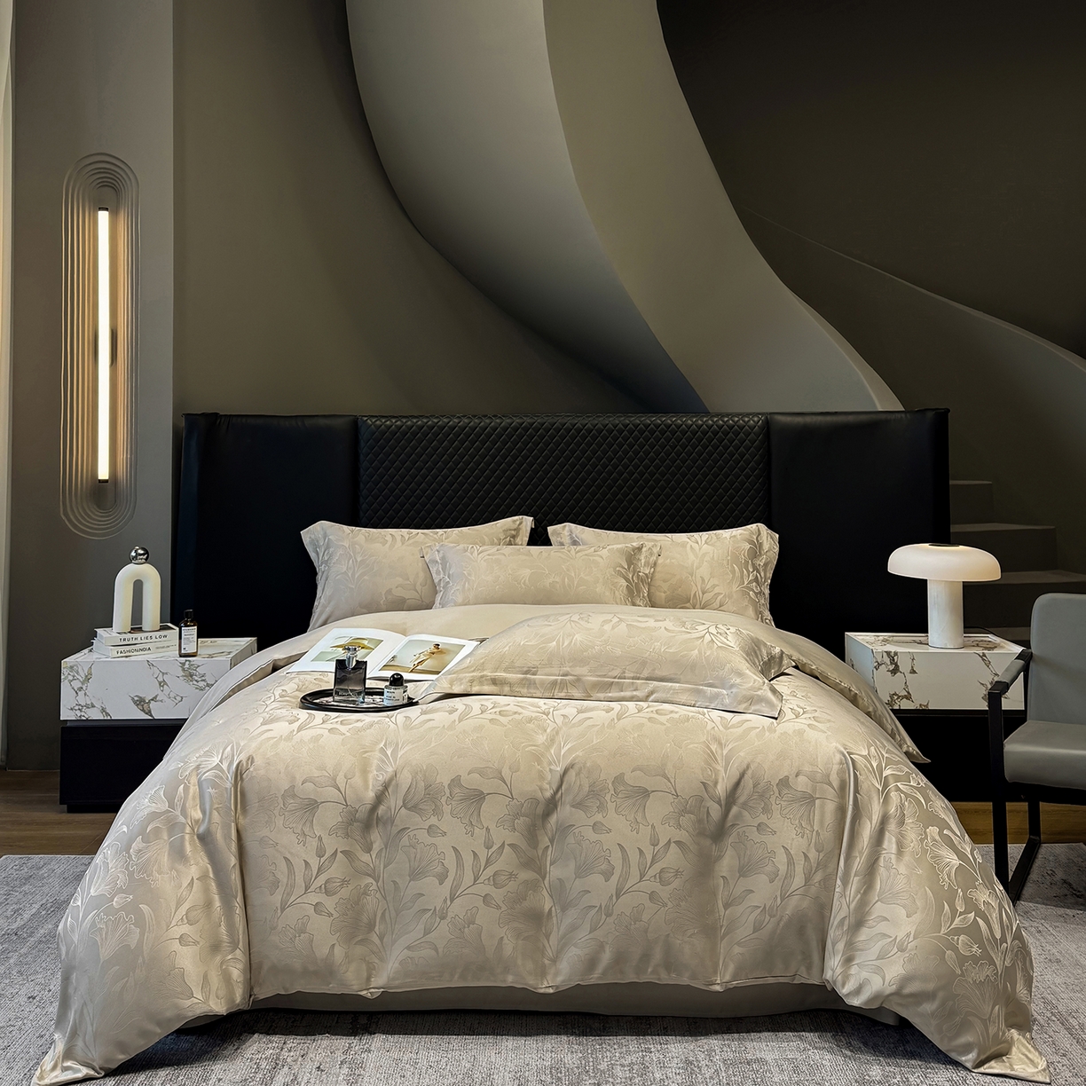 91家纺网 家纺一手货源 找家纺 奥汀洛家纺 2026春夏新款水洗冰丝亮丝提花四件套 百合-驼