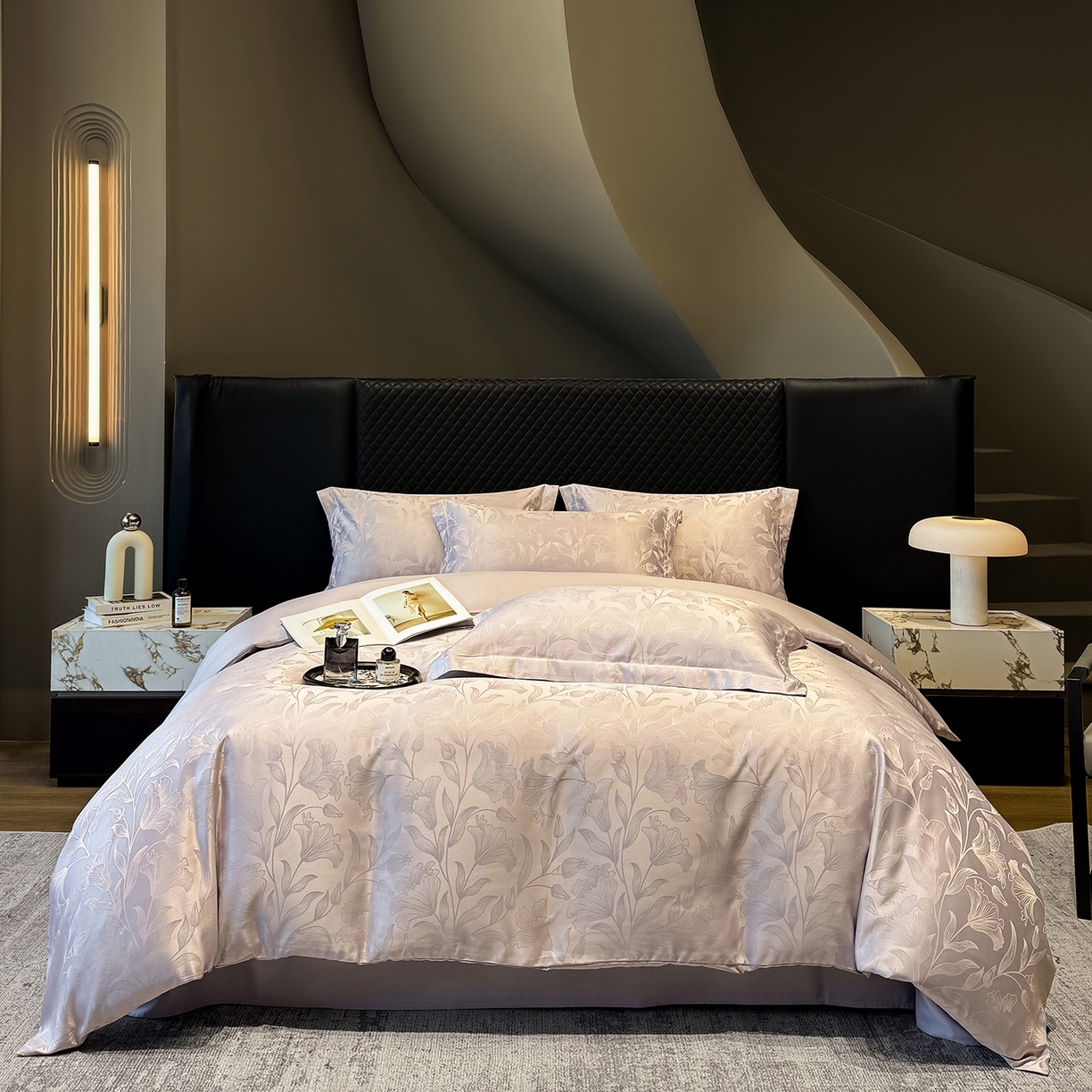 91家纺网 家纺一手货源 找家纺 奥汀洛家纺 2026春夏新款水洗冰丝亮丝提花四件套 百合-紫