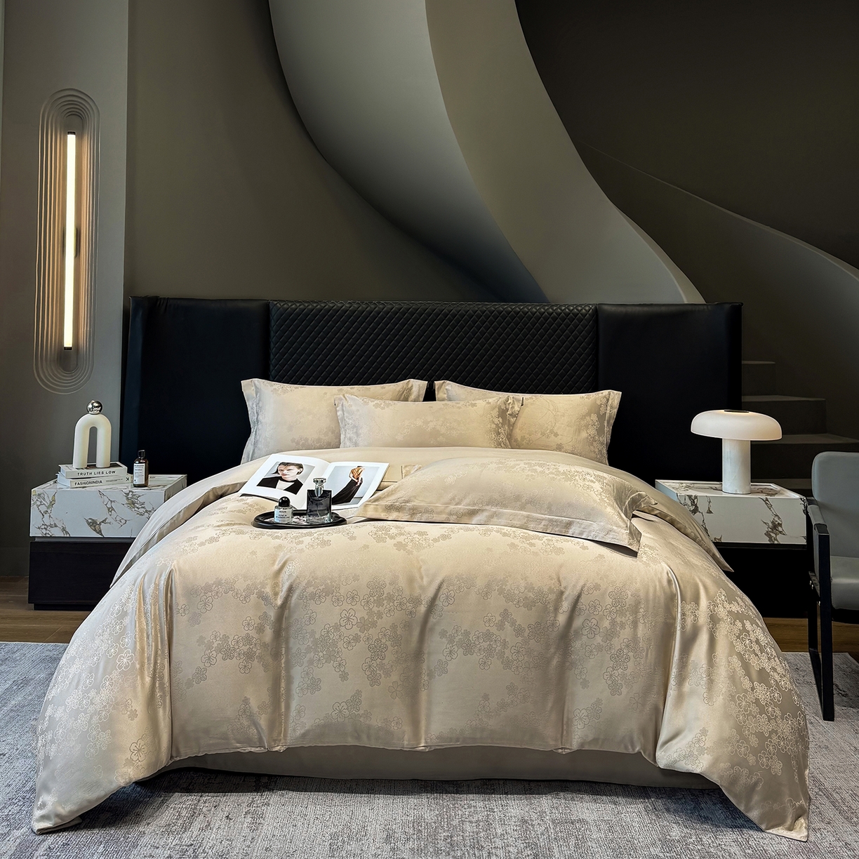 91家纺网 家纺一手货源 找家纺 奥汀洛家纺 2026春夏新款水洗冰丝亮丝提花四件套 蔷薇-驼