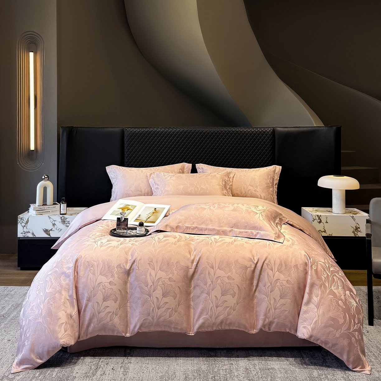 91家纺网 家纺一手货源 找家纺 奥汀洛家纺 2026春夏新款水洗冰丝亮丝提花四件套 百合-粉