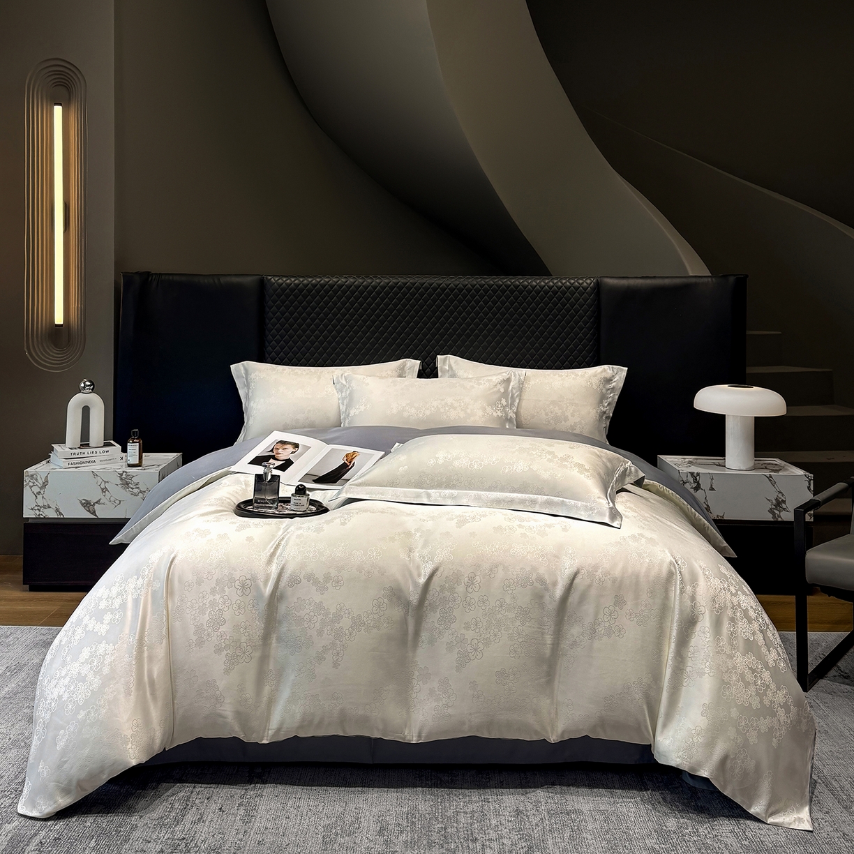 91家纺网 家纺一手货源 找家纺 奥汀洛家纺 2026春夏新款水洗冰丝亮丝提花四件套 蔷薇-白