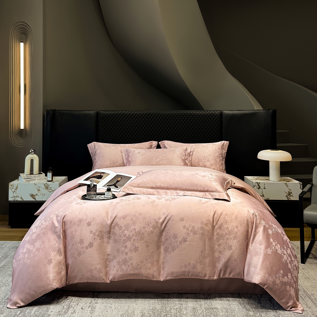 91家纺网 家纺一手货源 找家纺 奥汀洛家纺 2026春夏新款水洗冰丝亮丝提花四件套 蔷薇-粉