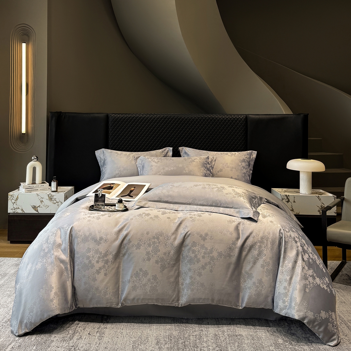 91家纺网 家纺一手货源 找家纺 奥汀洛家纺 2026春夏新款水洗冰丝亮丝提花四件套 蔷薇-灰