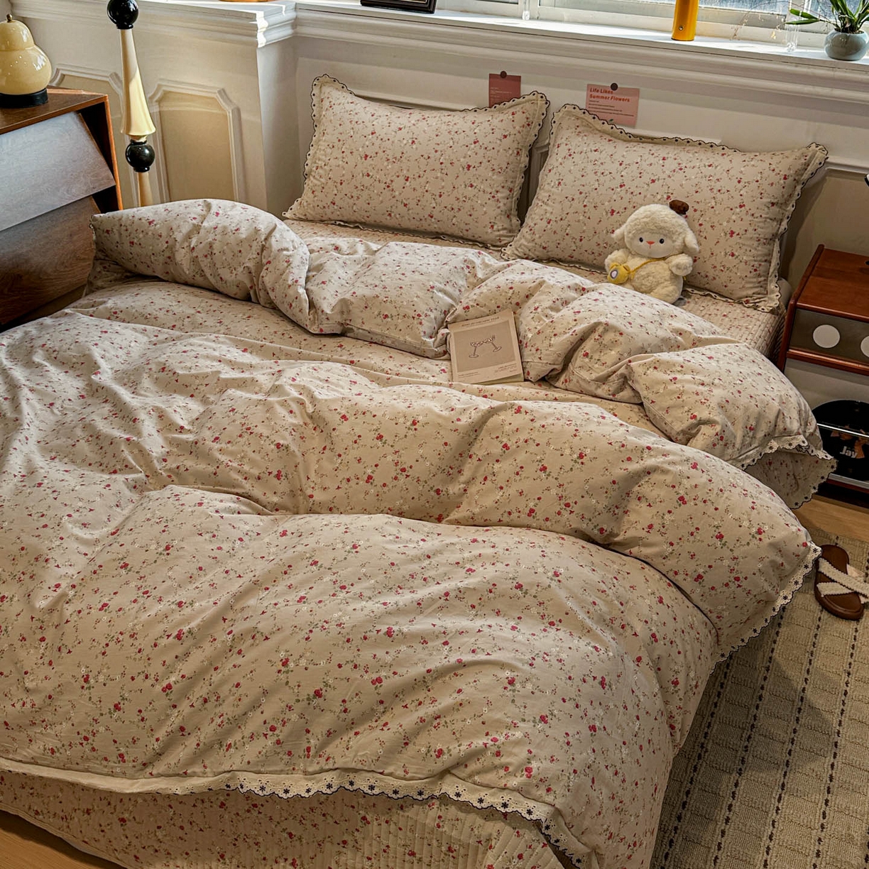 91家纺网 家纺一手货源 找家纺 橙子家居 2026新款纯棉法式复古蕾丝花边床盖四件套 花影