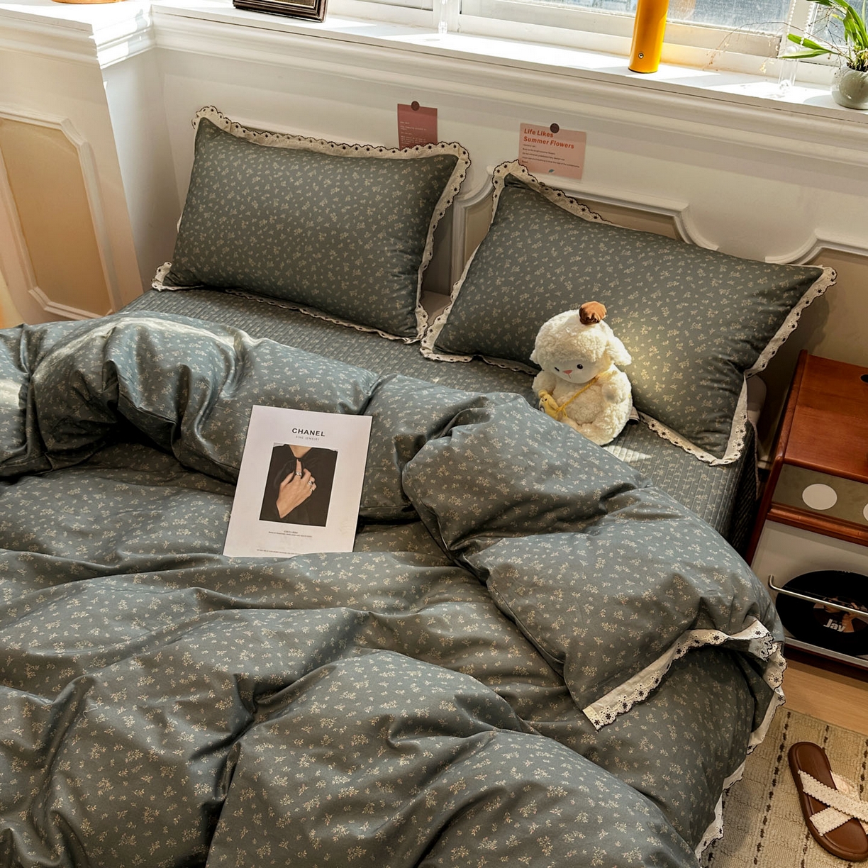 91家纺网 家纺一手货源 找家纺 橙子家居 2026新款纯棉法式复古蕾丝花边床盖四件套 墨影