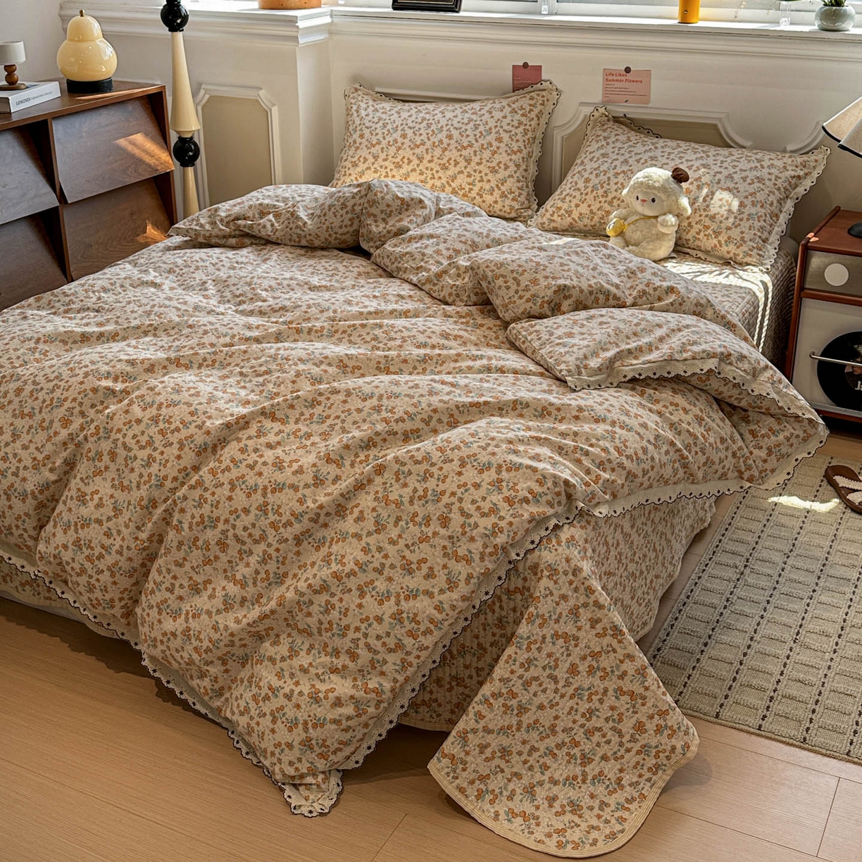 91家纺网 家纺一手货源 找家纺 橙子家居 2026新款纯棉法式复古蕾丝花边床盖四件套 普罗旺斯