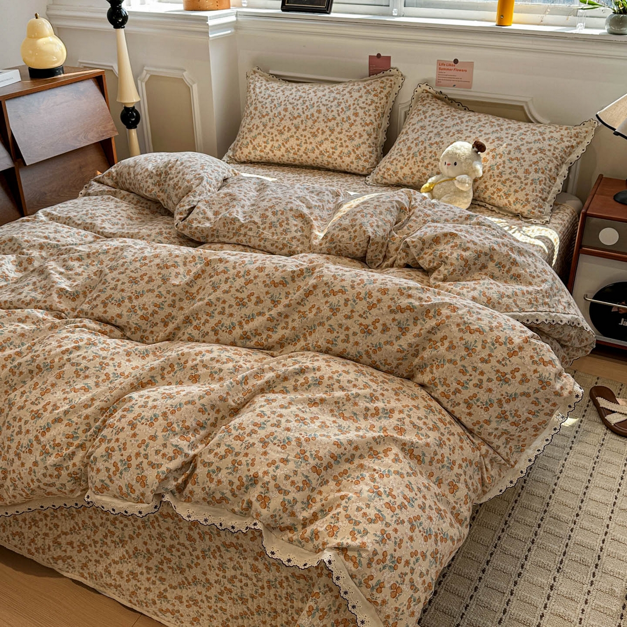 91家纺网 家纺一手货源 找家纺 橙子家居 2026新款纯棉法式复古蕾丝花边床盖四件套 普罗旺斯