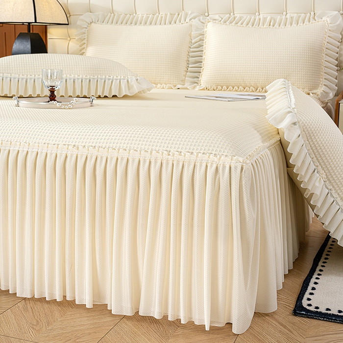 91家纺网 家纺一手货源 找家纺 七里香 2026新款千鸟阁凉豆豆3D冰豆豆床裙款凉席三件套 华夫格-米白