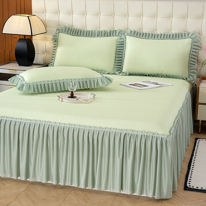 91家纺网 家纺一手货源 找家纺 七里香 2026新款千鸟阁凉豆豆3D冰豆豆床裙款凉席三件套 千鸟格-果绿