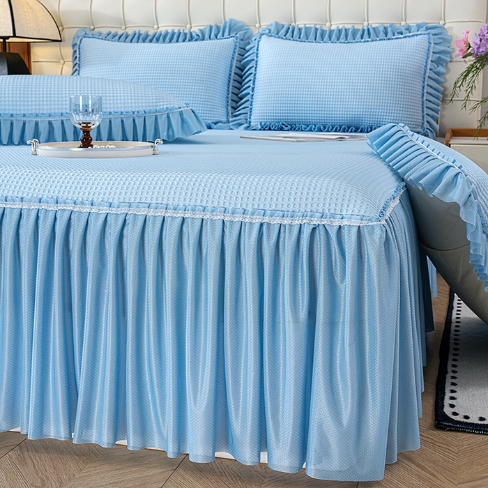 91家纺网 家纺一手货源 找家纺 七里香 2026新款千鸟阁凉豆豆3D冰豆豆床裙款凉席三件套 华夫格-天蓝