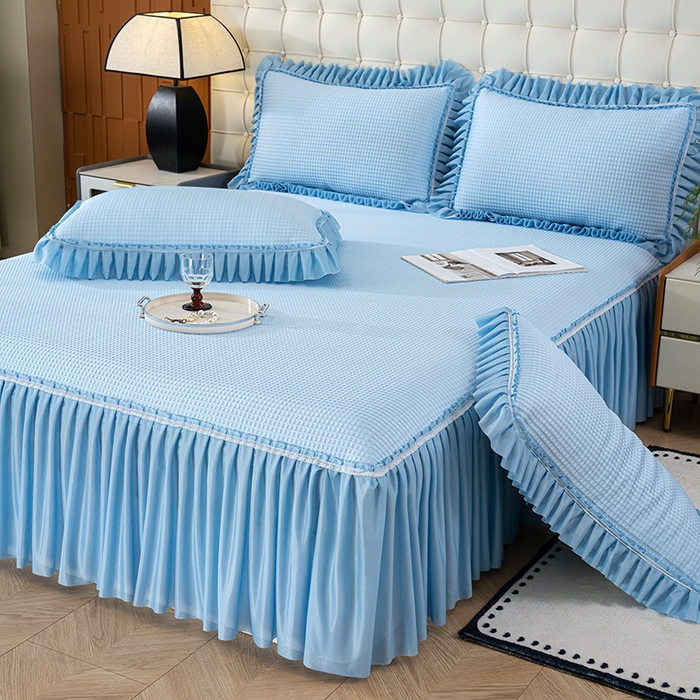 91家纺网 家纺一手货源 找家纺 七里香 2026新款千鸟阁凉豆豆3D冰豆豆床裙款凉席三件套 华夫格-天蓝