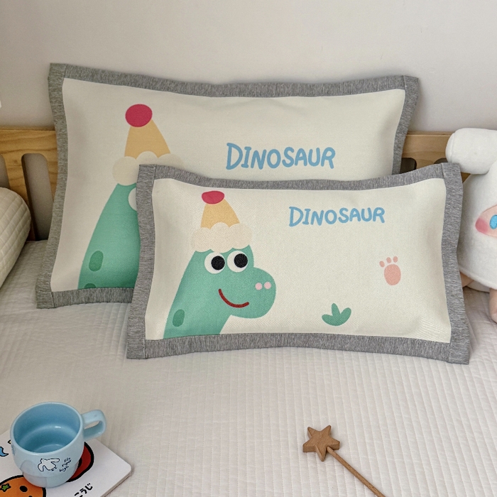 萌宝家纺  2026新款900D加密儿童冰丝枕套夏季A类冰藤枕头 可爱恐龙-米白
