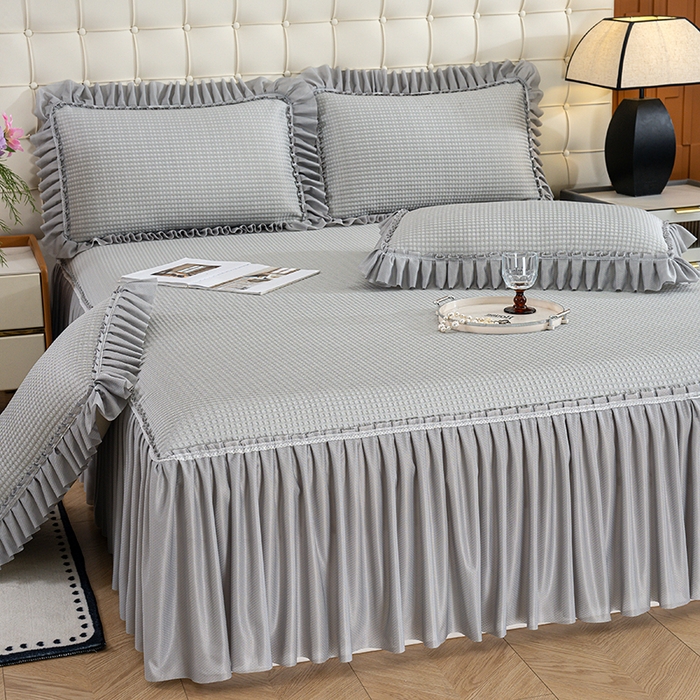 91家纺网 家纺一手货源 找家纺 七里香 2026新款千鸟阁凉豆豆3D冰豆豆床裙款凉席三件套 华夫格-浅灰