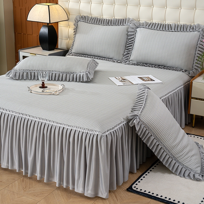 91家纺网 家纺一手货源 找家纺 七里香 2026新款千鸟阁凉豆豆3D冰豆豆床裙款凉席三件套 华夫格-浅灰