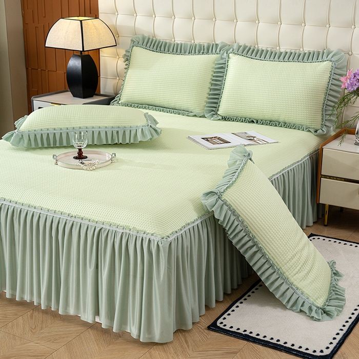 91家纺网 家纺一手货源 找家纺 七里香 2026新款千鸟阁凉豆豆3D冰豆豆床裙款凉席三件套 千鸟格-果绿